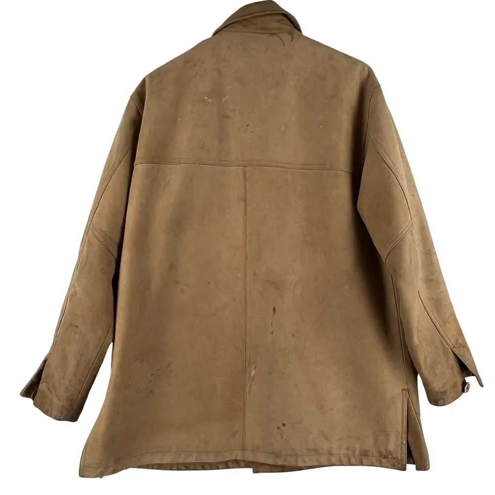 Orvis Mens Leather Field Coat L Tan Brown Barn Jacket Quilted Lined Vintage